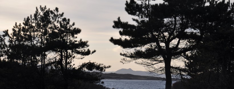 Arthur's Seat seen through a gap in the trees drom the woods above the shore at Gullane beach